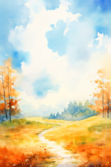 Simple watercolor autumn landscape scenery. Beautiful nature fall season background.