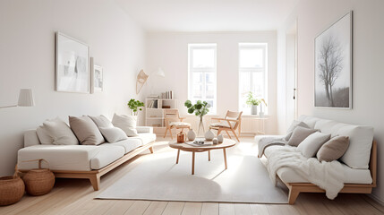 Interior of living room with green houseplants and sofas, Scandinavian style interior
