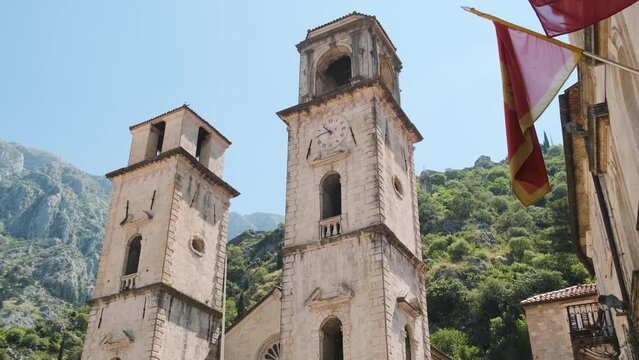 Cathedral of Saint Tryphon in Kotor, Montenegro on Adriatic sea in sunny day. Popular summer vacation destination