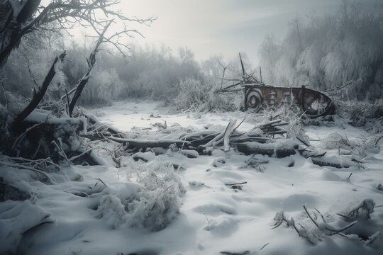 A snowy land ravaged by a fierce blizzard. Generative AI