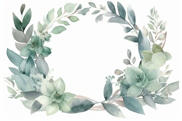 Watercolor leaf and flower decorated frame with eucalyptus illustration. Generative AI