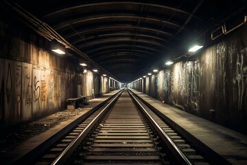 Fototapeta na wymiar Underground path for trains in nighttime. Generative AI