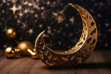 Golden crescent against starry night sky. Ramadan. Generative AI