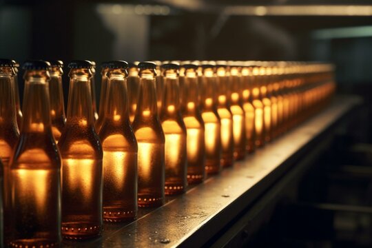 Beer bottles on conveyor, close-up. Generative AI