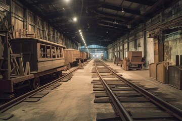 Inside old warehouse with railway exhibit. Generative AI