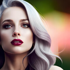 Fototapeta premium Beautiful woman with red lipstick on her lips. Pretty girl natural make up. Beautiful woman face with healthy skin. Sensual female model care skin. Generative AI