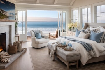 coastal style bedroom in cozy home interior.