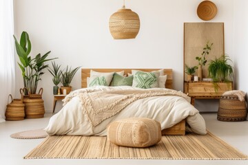 Cozy Asian bedroom with ethnic decor, lamp on nightstand, comfy bed, carpet, cactus in basket, and natural green plant composition.