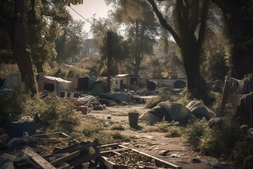 A photo showing a homeless encampment at People's Park in Berkeley, CA. Generative AI - obrazy, fototapety, plakaty