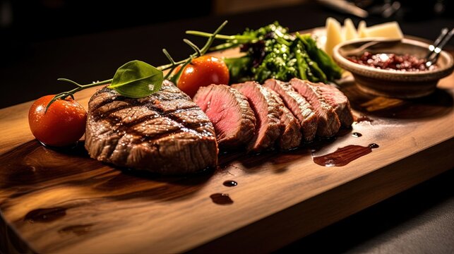 Wooden plate with Tuscan Florentine steak, Culinary Photography