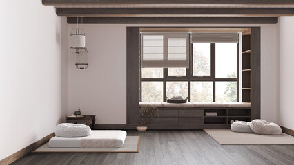 Japandi meditation room in white and beige tones, pillows, tatami mats and sitting window. Dark wooden beams and parquet floor. Minimalist interior design
