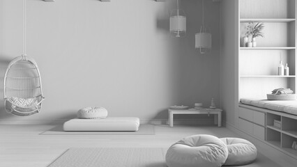 Total white project draft, minimal meditation room, pillows, tatami mats and hanging armchair....