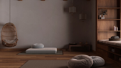 Dark late evening scene, minimal meditation room, pillows, tatami mats and hanging armchair. Wooden beams and parquet floor. Japanese interior design