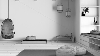 Blueprint unfinished project draft, minimal meditation room, pillows, tatami mats and hanging armchair. Wooden beams and parquet floor. Japanese interior design