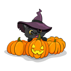 Happy Halloween greeting card with cute black cat wear witch hat and spooky pumpkin. Black kitten. 