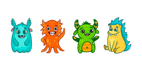 Set of cute cartoon monsters. Funny characters on white background. Icon monster. Doodle style. Alien. 