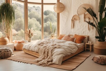 Boho chic style apartment with cozy bedroom and crafted home decor. © The 2R Artificiality