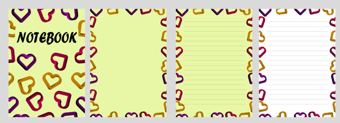 Notebook and pages layout with colorful 3d hearts. Lined notebook sheet. Patterned notebook template. Vector