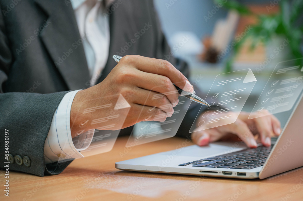 Aufkleber Document Management System (DMS) concept. Businessmen checklist, managing and access information in online exam standards and document Control for company database access