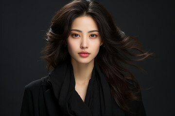 Fototapeta premium Portrait of Asian woman with black curly hair black background
