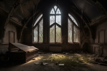 An abandoned attic with a gothic window and cobwebs. Generative AI