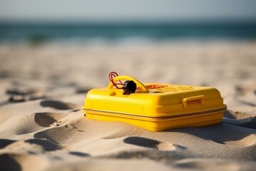 Fototapeta na wymiar Beach safety device lying on sand, symbolizing leisure time and relaxation. Generative AI