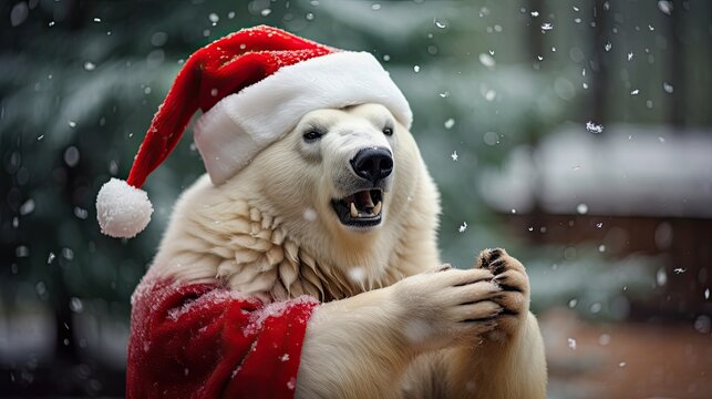 An enchanting snapshot capturing the festive charm of a lovable white bear wearing a Santa Claus red hat. Christmas charming card, xmas illustration. Generative AI. 