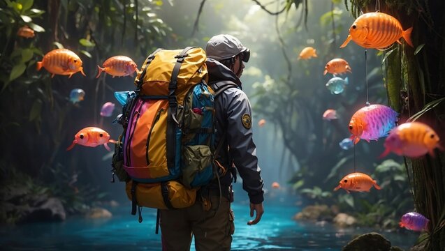 traveler in left side in image back side and adventure jungle . Sci- fi  jelifish are flying . colorful iamge 