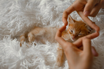 The kitten sleep in the blanket. The  human hand make heart