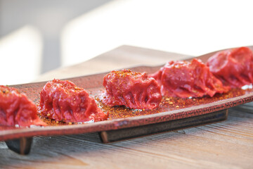 Appetizing gyoza served on ceramic plate