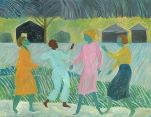 Tuinposter friends dancing on the rain. oil painting. illustration © Anna Ismagilova