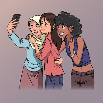 illustration of multi ethnic friends doing wefie