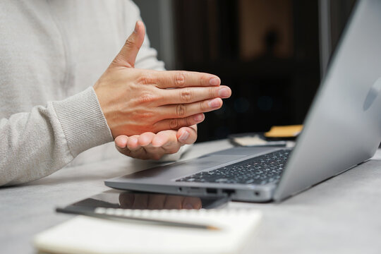 close up man hand gesture about stop sign language to teaching or learning from webinar in home for lifestyle concept