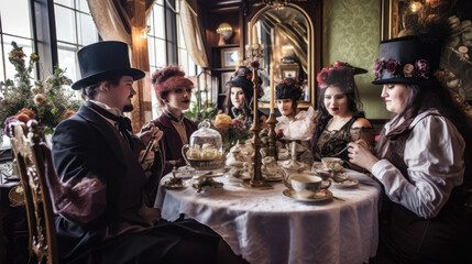 Steampunk tea party with eccentric guests in vintage room