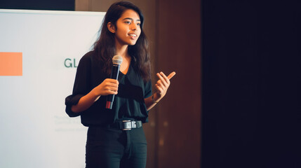 Young entrepreneur pitching ideas at business conference