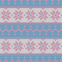 Seamless knit texture pattern. Winter vector illustration for Christmas, New Year, winter design. Xmas ugly sweater ornament. Fair isle pattern in blue and pink.