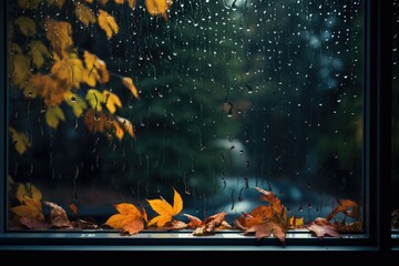Wet window with drops after rain and stuck leaves. - obrazy, fototapety, plakaty