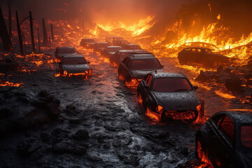 Ausgebrannte Autos nach einer Naturkatastrophe - obrazy, fototapety, plakaty