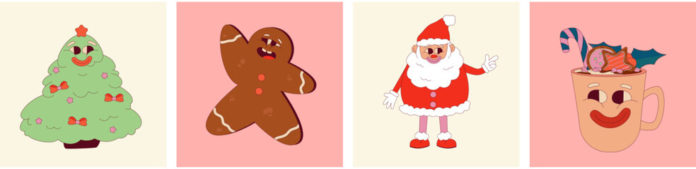 Retro Groovy Christmas poster set with funny character santa, gingerbread and coffee. Trippy Funny Character groovy poster retro collection. Vector cartoon illustration