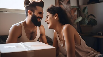 "Living Room Magic: Couple Smiles as They Organize Boxes in Personalized Style"