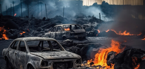 Ausgebrannte Autos nach einer Naturkatastrophe - obrazy, fototapety, plakaty