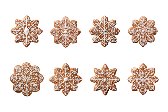 set of christmas gingerbread cookies in transparent background, generative AI
