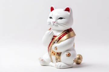 Statue of Japanese lucky cat with raised paw on white background. Generative AI