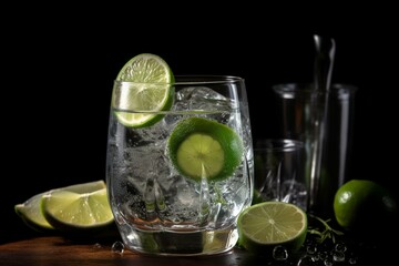 A cold gin tonic is garnished with lime. Generative AI