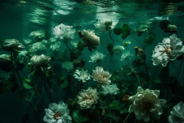 Fototapeta na wymiar Green underwater where petals dance. Generative AI
