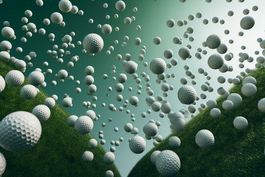 Numerous golf balls soaring in the air against a green backdrop. Generative AI
