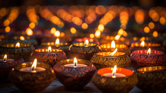 Happy Dawali concept, photo of many illuminated diya or clay oil lamp