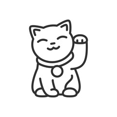 Obraz na płótnie Canvas Maneki-neko, linear icon. A cat with a collar raises its paw. Line with editable stroke