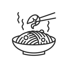 Noodles with shrimp. Udon, linear icon. Line with editable stroke