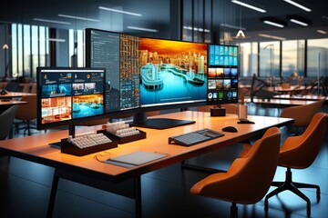 Modern office interior with computers on table and city view. 3D Rendering
